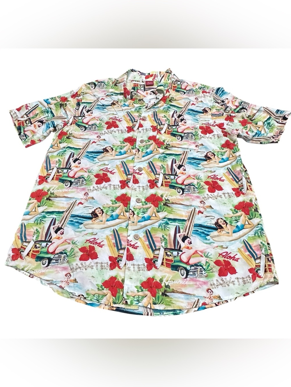 Junction West Hawaiian Aloha Pin Up Surfer Button‎ Front Camp Shirt Large